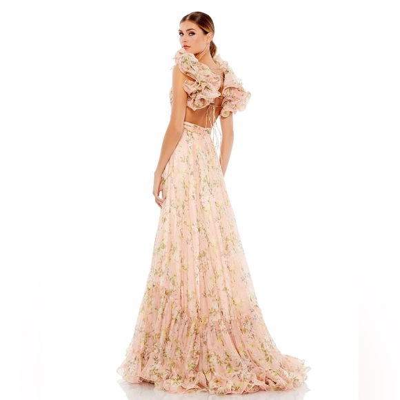 NWT Mac Duggal Spring Preview Tiered Ruffle Floral Cut-Out Chiffon | Pink/Mult - Picture 2 of 9